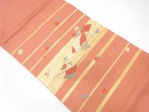横段に扇・花散らし模様　刺繍　名古屋帯